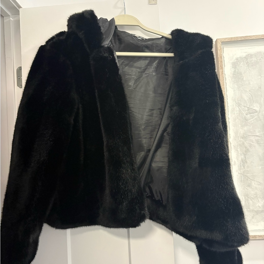 AXARA: Black Faux Fur Jacket - Hooded Poncho Style